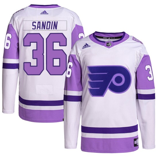 Linus Sandin Philadelphia Flyers Authentic Hockey Fights Cancer Primegreen Adidas Jersey - White/Purple