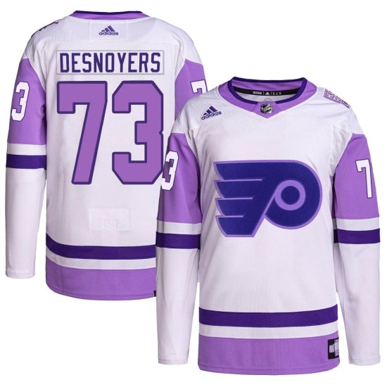 Elliot Desnoyers Philadelphia Flyers Youth Authentic Hockey Fights Cancer Primegreen Adidas Jersey - White/Purple