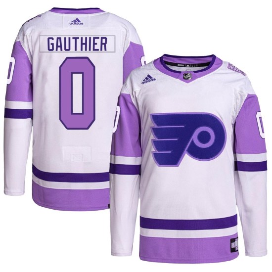 Cutter Gauthier Philadelphia Flyers Youth Authentic Hockey Fights Cancer Primegreen Adidas Jersey - White/Purple