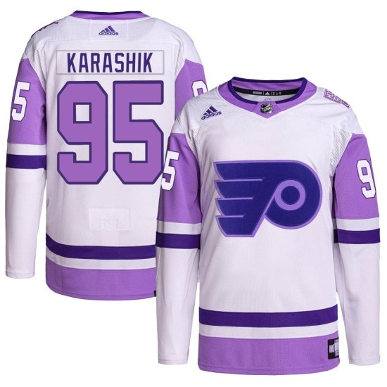Adam Karashik Philadelphia Flyers Youth Authentic Hockey Fights Cancer Primegreen Adidas Jersey - White/Purple